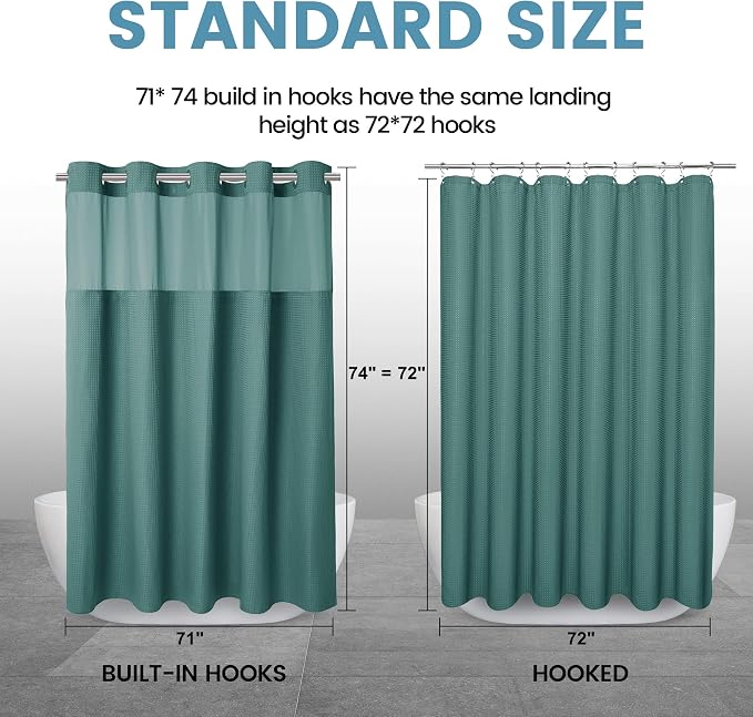 EUTXL Heavyweight Seaweed Green No Hook Shower Curtain with Snap in Liner,256GSM Waffle Weave Shower Curtains for Bathroom,71W x 74H
