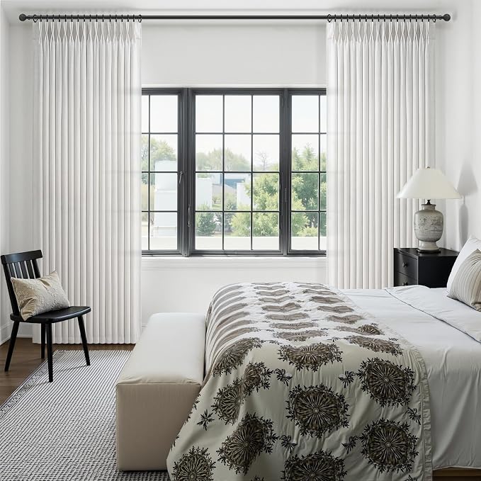 Off White Linen Pinch Pleated 90 Inch Curtains for Bedroom 4 Panels Set, Memory Trained Pleat Light Filtering Privacy Semi Sheer Living Room Window Curtain 90 Inches Long Modern Drapes with Back Tab