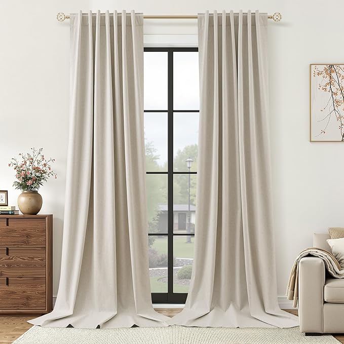 Guken Extra Long 100% Blackout Linen Curtains for Bedroom 120 inches Long, Thermal Insulated Room Darkening Black Out Drapes for Living Room, Back Tab Rod Pocket 2 Panels Set,Grey Beige,52x120