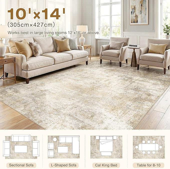 cotiled 10x14 Area Rug Abstract Soft Non Slip Washable Rugs for Living Room | Stain Resistant, Robot Vacuum & Pet Friendly, Low-pile, For Living Room, Bedroom, Dining Table, Nursery Beige