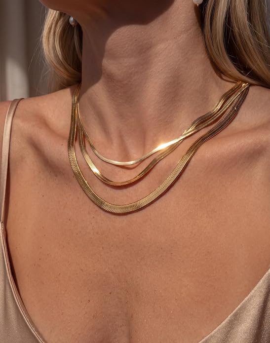 DEARMAY 14K Gold Plated Herringbone Necklaces for Women, Dainty Gold Snake Choker Chain Non Tarnish Trendy Simple Thin & Chunky Options Neckalce 1.5/3/5/6/8mm Chain Jewelry for Gifts