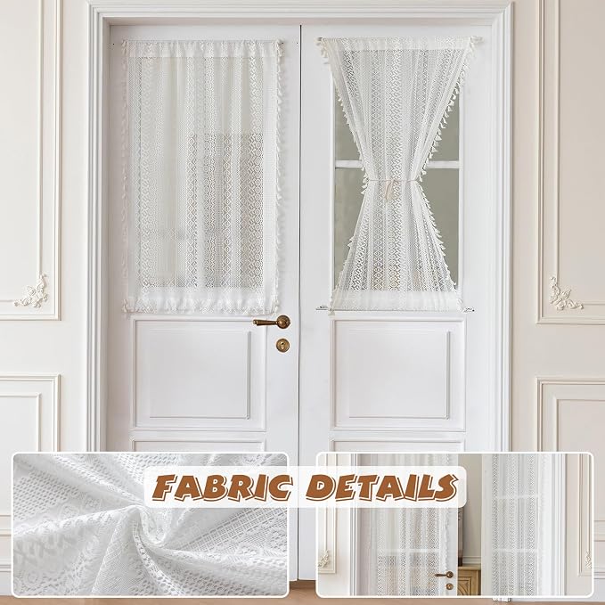 Sutuo Home White French Door Curtain for Patio & Sidelights, Ivory lace Door Curtains Bohemian Tassels Vintage Chic Semi Sheer Privacy Farmhouse Drapes for Entryway, Rod Pocket 2 Panels 25" W x 40" L