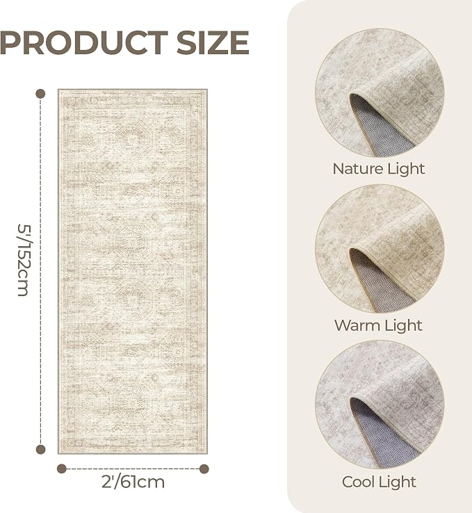 2x5 Rug Runners for Hallways Non Slip,Kitchen Rugs,Beige | Washable Rugs for Kitchen,Entryway,Bedroom,Bathroom,Nursery Room,Thin,Soft Runner Rug,Stain Resistant Indoor Carpet