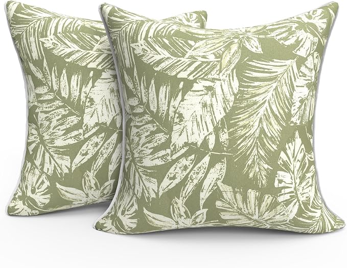 Outdoor Throw Pillow Covers Pack of 2, Decorative Water Repellent Square Pillow Cases with Piping 18x18 Inch, Tropical Leaf Green