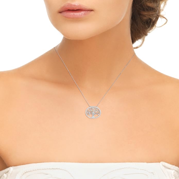 Kooljewelry Sterling Silver Cubic Zirconia Oval Tree of Life Necklace (18 inch)