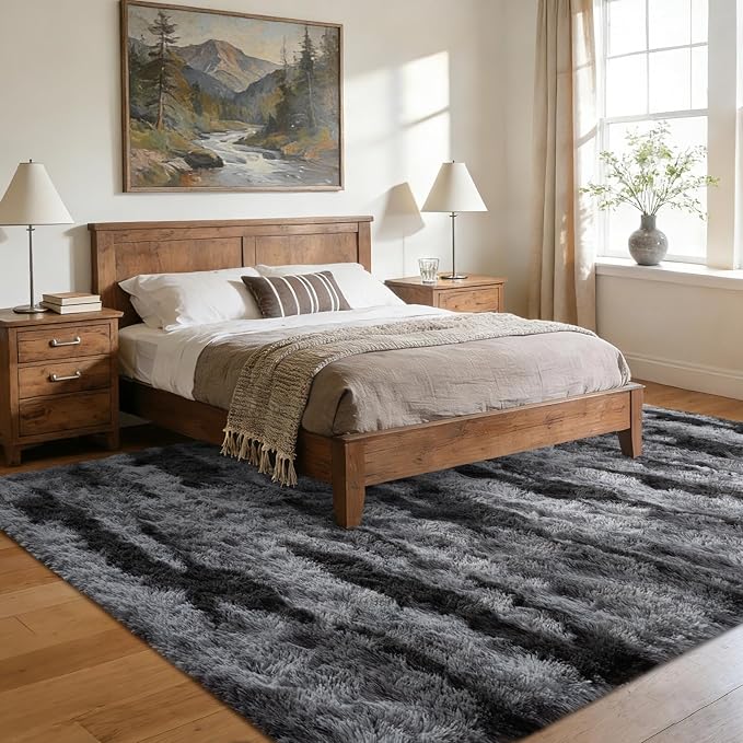 Large Shaggy 6x9 Area Rugs for Living Room Decor, Non-Slip Tie-Dyed Rugs for Bedroom Kids Playroom Dorm Room, High Pile Ultra Soft Carpet, Black
