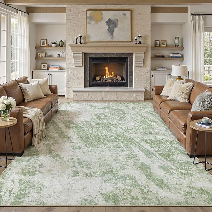 DMOYEST 7x9 Washable Area Rug: Abstract Modern Non-Slip Carpet, Soft Low Pile Indoor Neutral Easy Clean Floor Rugs for Living Room Bedroom Dining Room Kids & Pets - Green
