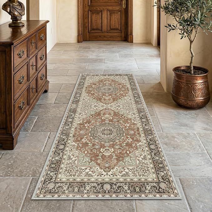 2x6 Runner Rug for Entryway Hallway-Vintage Farmhouse Boho Floral Neutral Washable Stain Resistant Indoor Rugs for Home Decor(Brick&Brown)