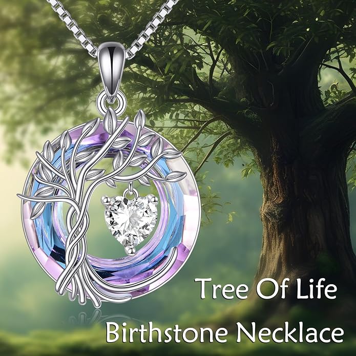 POPLYKE Mothers Day Gifts for Mom Her Wife Tree of Life Necklace 925 Sterling Silver Birthstone Pendant with Crystal Anniversary Birthday Wedding Jewelry for Women