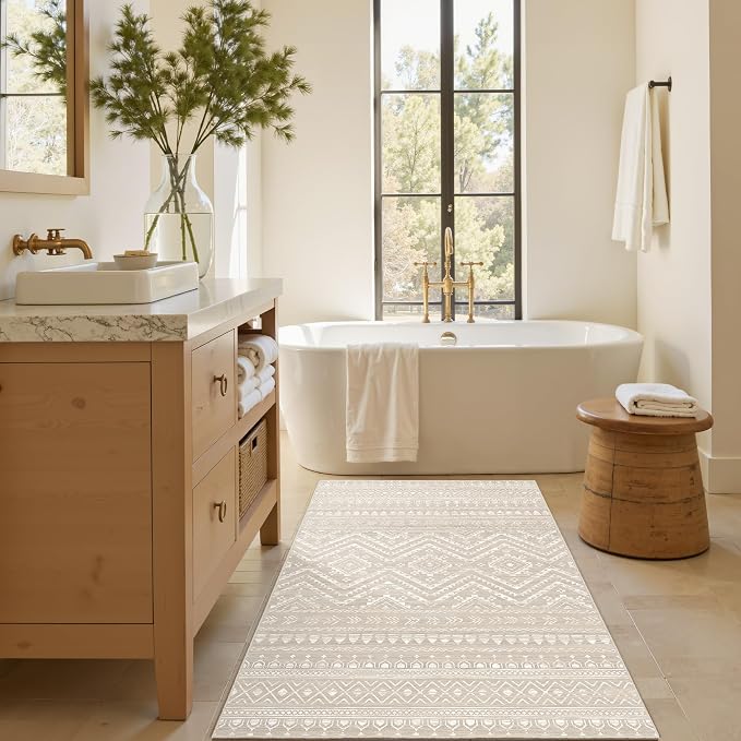 3x5 Washable Rug Moroccan Small Entryway Rug Non Slip Indoor Floor Carpet Foldable Thin Rugs for Kitchen Bedroom with Low Pile(Brown,3'x5')