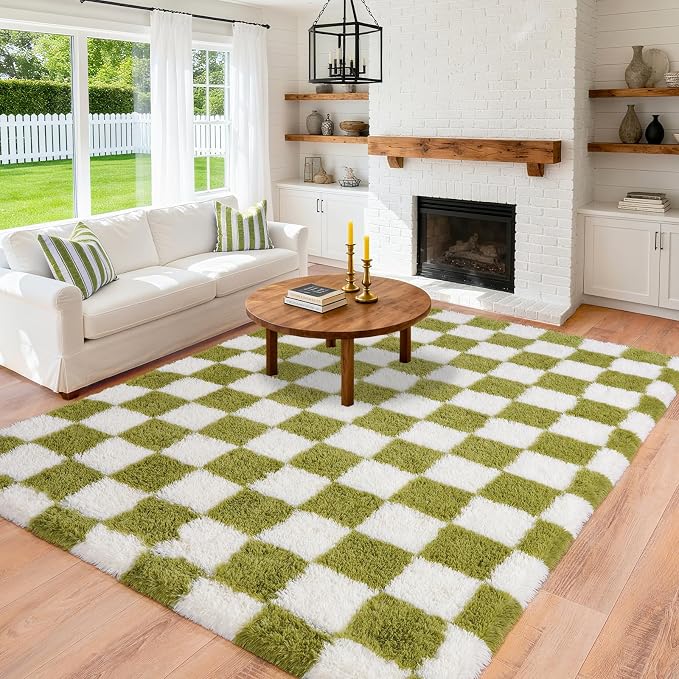 Pionblank Fluffy Area Rug for Bedroom 5x7, Modern Indoor Shag Carpet, Soft Plush Non Slip Checkered Rugs for Living Room Kids Room Home Decor, Grass Green and White