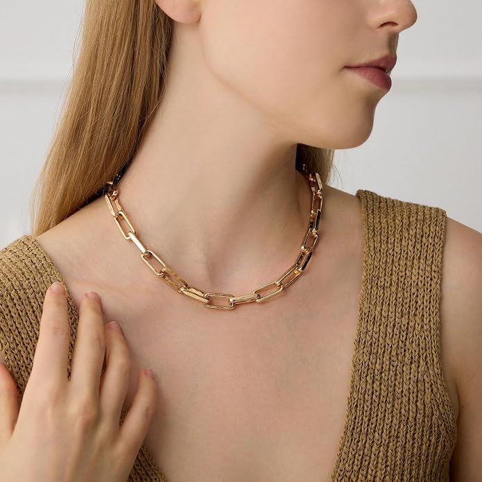 COBI Paperclip Chain Necklace for Women,Beaded Necklace,18K Gold /925 Sterling Silver Plated,Chunky Link Chain Necklace for Daily Wear,Ideal Gift for Her 17"