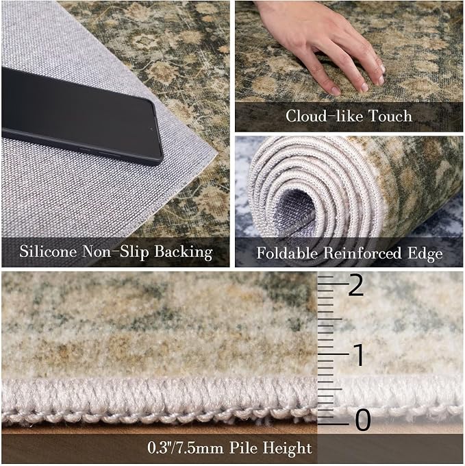 Washable 2x3 Entryway Rug, Boho Vintage Non-Slip Door Mat, Dark Green | 0.3" Neutral Throw Small Rugs for Bedroom Kitchen Nursery Entrance, Cushioned for High-traffic Area