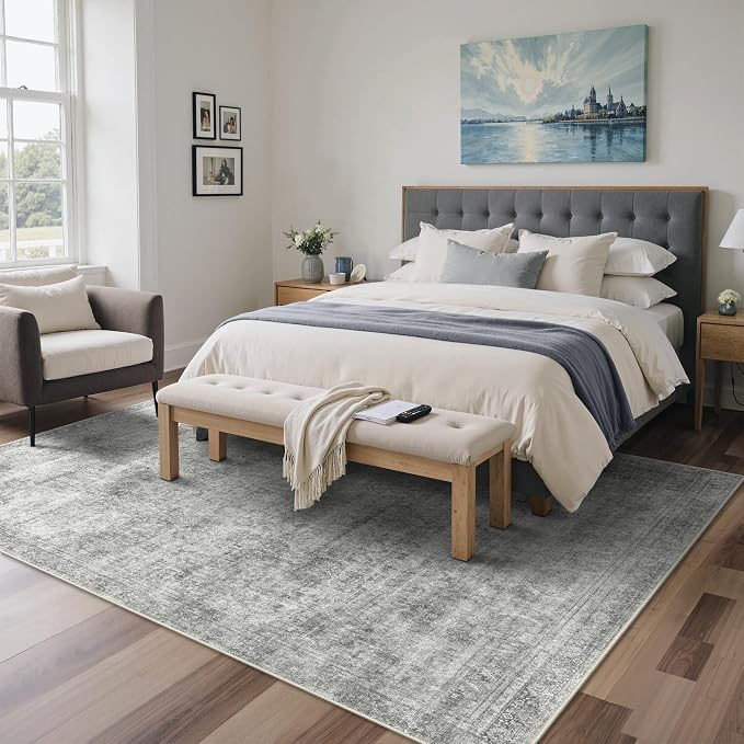 BESBLEE 4X6 Area Rugs Machine Washable Rugs for Living Room, Vintage Boho Large Rugs for Bedroom Dining Room, Non Slip Indoor Soft Distressed Lightweight Thin Low Pile Carpet, Light Grey