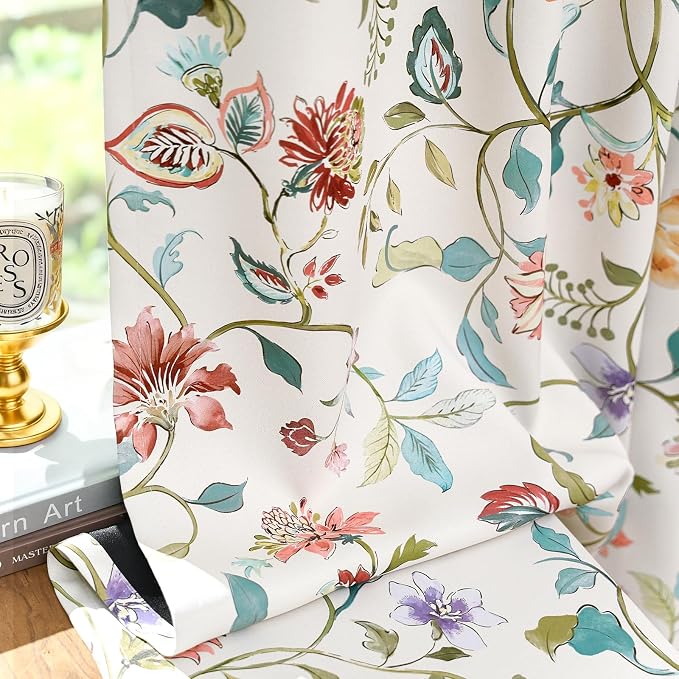 jinchan Beige Floral Blackout Curtains 96 Inch Back Tab 2 Panels Set | Room darkening, cream elegant vintage farmhouse drapes, botanical floral print, bedroom, living room, window treatment