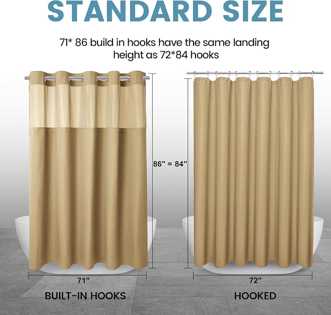 EUTXL Heavyweight Beige Long No Hook Shower Curtain with Snap in Liner,256GSM Waffle Weave Shower Curtains for Bathroom,71W x 86H