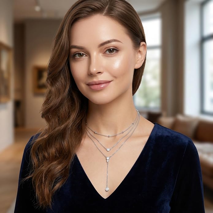 MONGAS Boho Layered Necklace Sterling Silver Triple 3 Stacked Vertical Bar Triangle Long Layering Necklaces Christmas Jewelry Gifts for Women