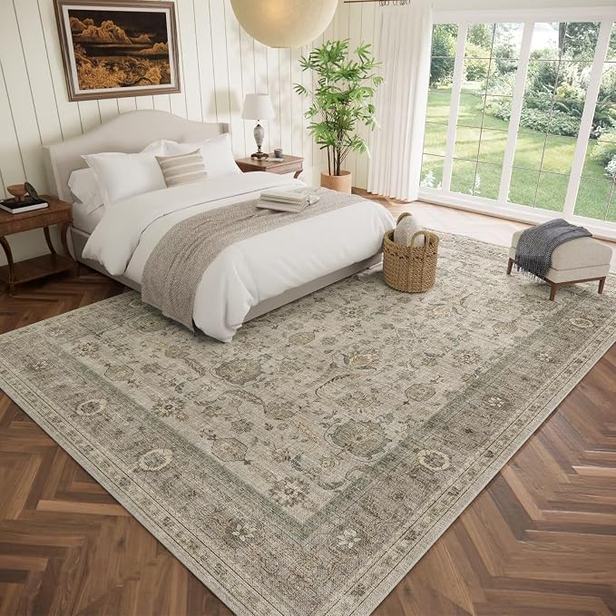 Boho Washable 10x14 Area Rugs for Living Room, Cushioned, Flaxen/Tan | Vintage Non-slip Neutral Oriental Rugs for Bedroom Dining Room Nursery Office High Traffic Area