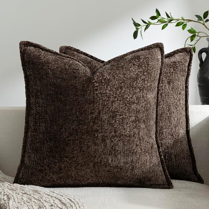 DEZENE Pack of 2 Chocolate Brown Decorative Throw Pillow Covers 22x22 Cozy Soft Chenille Accent Vintage Square Couch Pillow Covers for Home Decor Bed Sofa Living Room