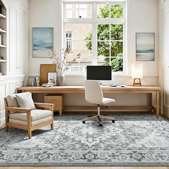 Lessymo Washable Area Rugs 6x9- Boho Area Rug Low Pile for Bedroom Living Room Kitchen, Ultra-Soft Faux Wool Vintage Area Rug with Non-Slip Rubber, Kid & Pet Friendly, Grey Cream White