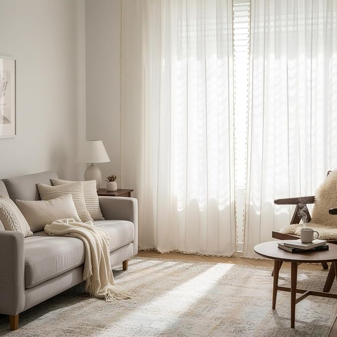 ColorBird White Boho Curtains Linen-Textured for Living Room Bedroom Light Filtering 84 Inches Farmhouse Whimsical Embroidered Striped Curtains & Drapes Window Treatment for Nursery Dining