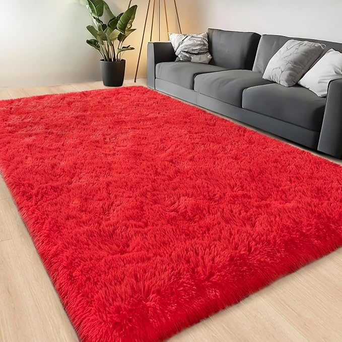 Large Area Rugs for Living Room Bedroom 4x6 Red Fluffy Shag Rugs | Ultra Soft Shaggy Plush Fuzzy Modern Indoor Throw Floor Carpet for Kids Girls Boys Dorm Nursery Home Decor Aesthetic