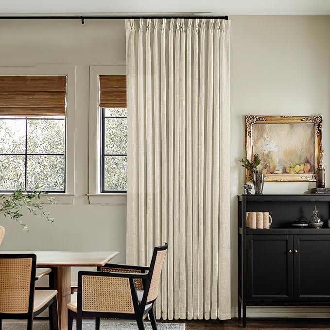 132 Inch Linen Curtains 2 Panels Set Pinch Pleated for Living Room Bedroom Memory Training Shaped Semi Sheer Neutral Beige Tan Flax Burlap Pleat Drapes Hooks Rings Light Filtering Window Curtain