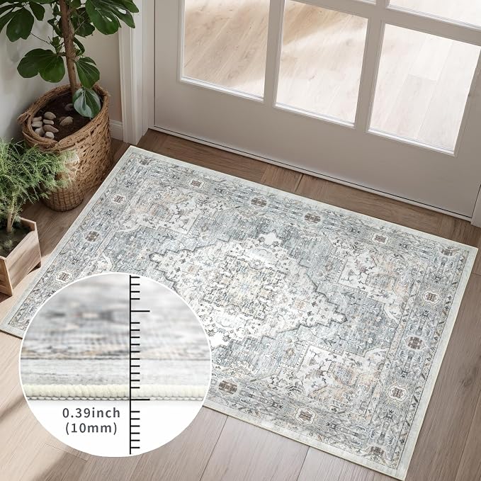 Area Rug 5×7 Washable Rugs for Bedroom, Vintage Floral Rug Soft Non Slip Stain Resistant Carpet for Living Room Dinning Room Kitchen Home Office Blue Green Multi