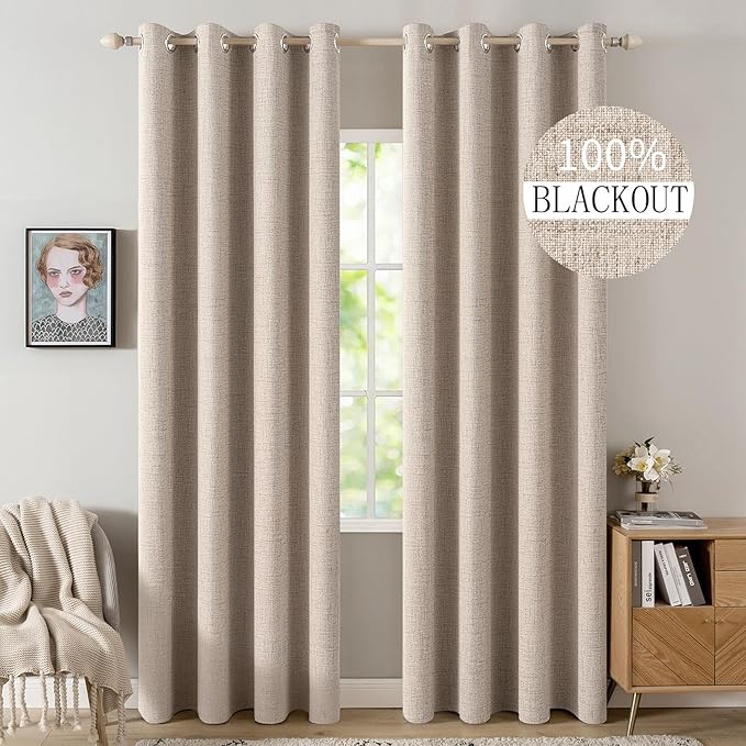 MIULEE 100% Blackout Linen Textured Curtains for Bedroom Solid Thermal Insulated Natural Beige Grommet Room Darkening Curtains & Drapes Luxury Decor for Living Room 52 x 80 Inch (2 Panels)