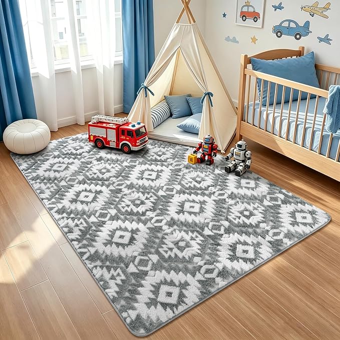 Macgace Soft Area Rug for Girls Bedroom, 4x6 Grey and White Shag Rugs | Washable Non-Slip Backing Medium Pile Modren Geometric Fuzzy Carpet for Kids Room, Classroom, Living Room, Dorm