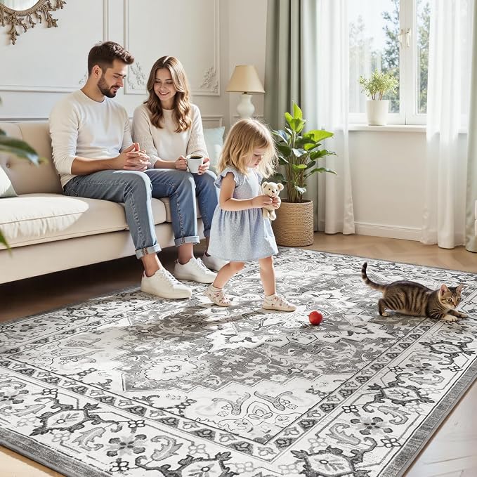 Lofus 8x10 Area Rugs for Living Room, Washable Area Rug, Rugs for Bedroom, Kitchen, Vintage Boho Carpet, Soft Non-Slip, Low Pile Large Area Rug for Office Dining Room, Floral Grey