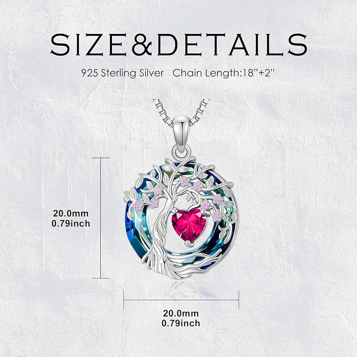 Tree of Life Birthstone Necklace 925 Sterling Silver Crystal Tree of Life Pendant Birthstone Jewelry Birthday Christmas Gifts for Women Mom Her Wife