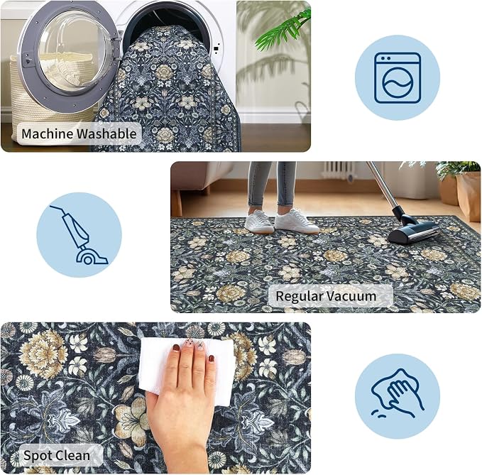 GarveeHome Washable Area Rug 6x9, Soft Vintage Floral Bedroom Rug Non Slip Low Pile Carpet Stain Resistant Throw Rug for Bedside Kids Room Office Dining Room