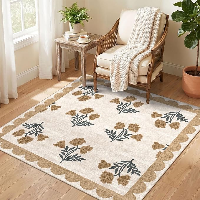 Beige Square Rug 4ft - Soft Washable Boho Farmhouse Square Entryway Rug Non Slip 4x4 Stain Resistant Cottage Floral Scalloped Throw Rugs for Living Room Bedroom Dining Room Bathroom Nursery