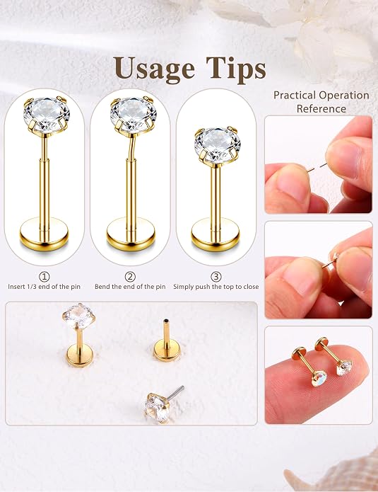 Sanfenly Threadless Flat Back Earrings Studs 316L Surgical Steel Cartilage Earrings for Women Men Push in Nose Rings Studs 20G 18G 16G CZ Opal Tragus Helix Conch Lip Labret Medusa Nostril Piercing Jewelry Hypoallergenic
