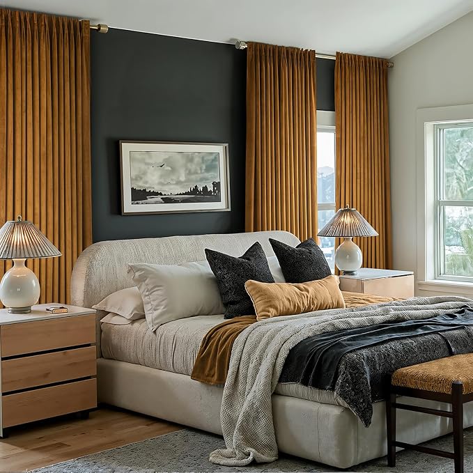MIULEE Velvet Pinch Pleated Blackout Curtains 90 inches Long, Gold Brown Pleat Design Thermal Insulated Luxury Window Drapes for Living Room Bedroom with Hooks, Set of 2