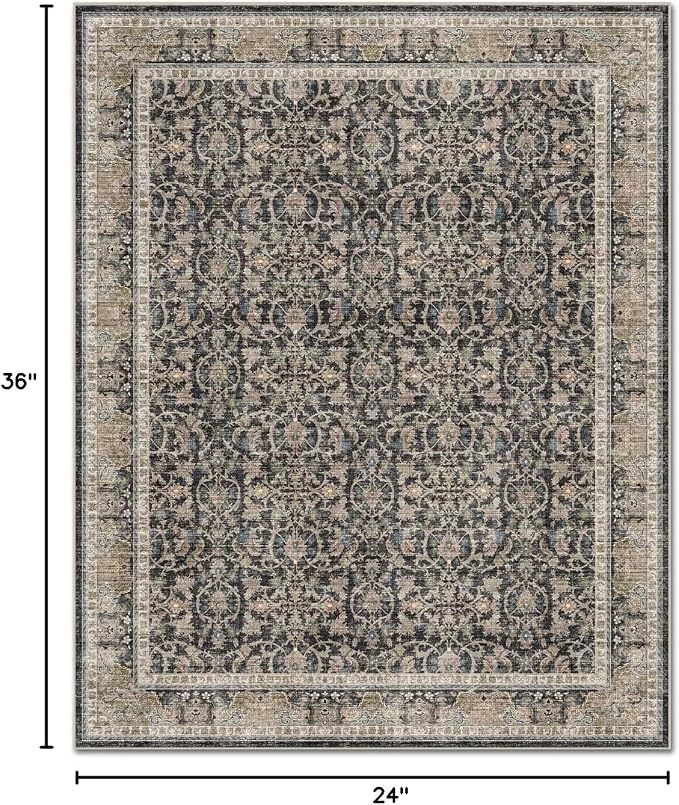 Washable 2x3 Entryway Rug, Boho Vintage Non-Slip Door Mat, Black/Navy Blue | 0.3" Neutral Throw Small Rugs for Bedroom Kitchen Nursery Entrance, Cushioned for High-traffic Area