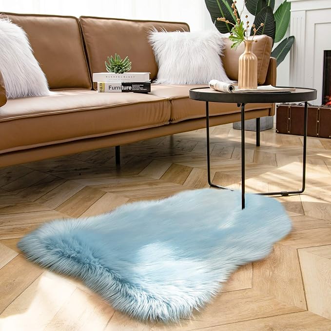 Ashler faux fur rug, Fluffy Shaggy Area Rug Ultra Soft 2 x 3 Feet Sheepskin Fur Rug, Light Blue Fuzzy Rug Machine Washable Shag Rug, Nursery Decor Throw Rugs for Bedroom, kids room, Living Room