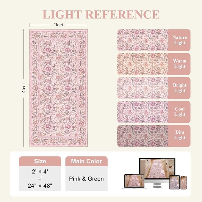 DUKINO 2x4 Rug, Washable Vintage Floral Entryway Rug Non Slip, Pink | Low Pile, Non-Shedding, Stain Resistant Boho Lightweight Soft Indoor Carpet for Kitchen Bathroom Hallway Laundry Farmhouse
