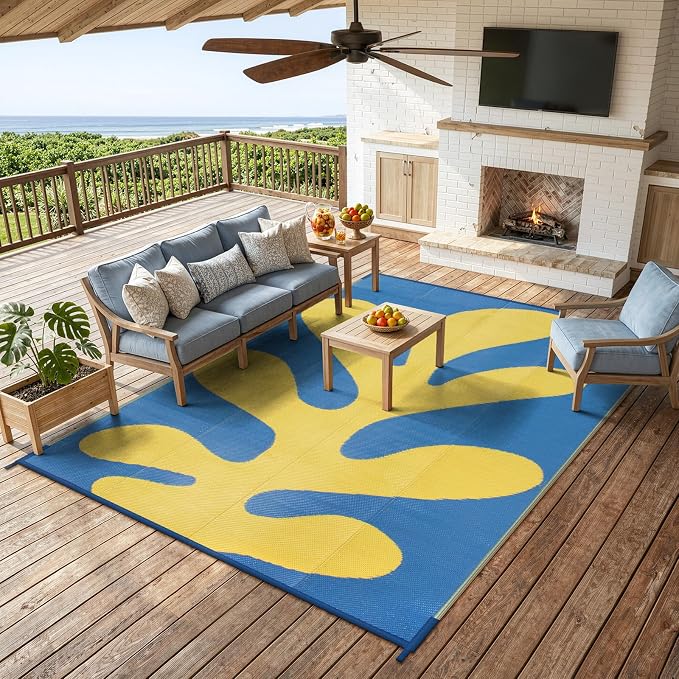 Lahome Sea Coral 9x12 Picnic Beach Rug, Reversible Outdoor Pool Rv Camping Rug, Waterproof Plastic Straw Blue and Yellow Mats for Outside Camping Patio Deck, Blue 9'x12'