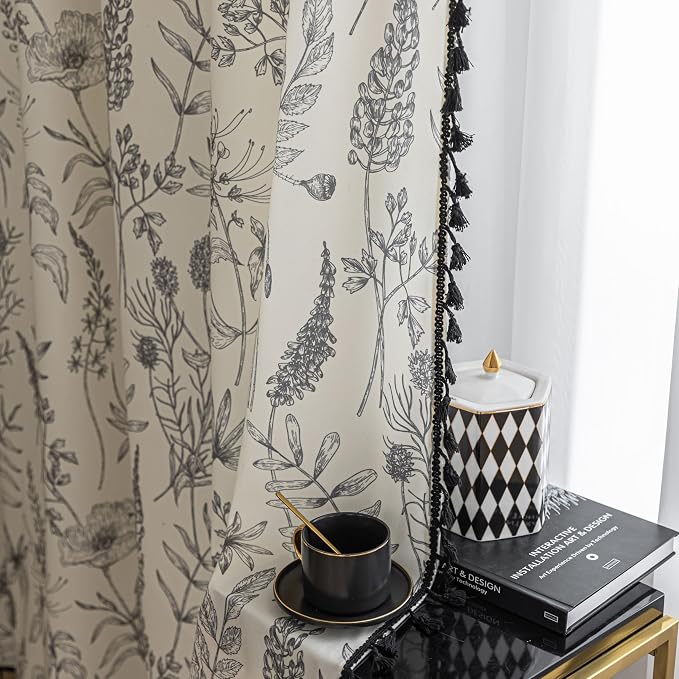 Black Floral Curtains 54 Inches Long, Boho Farmhouse Light Filtering Rod Pocket Drapes with Tassel Trim for Bedroom Living Room, 2 Panels