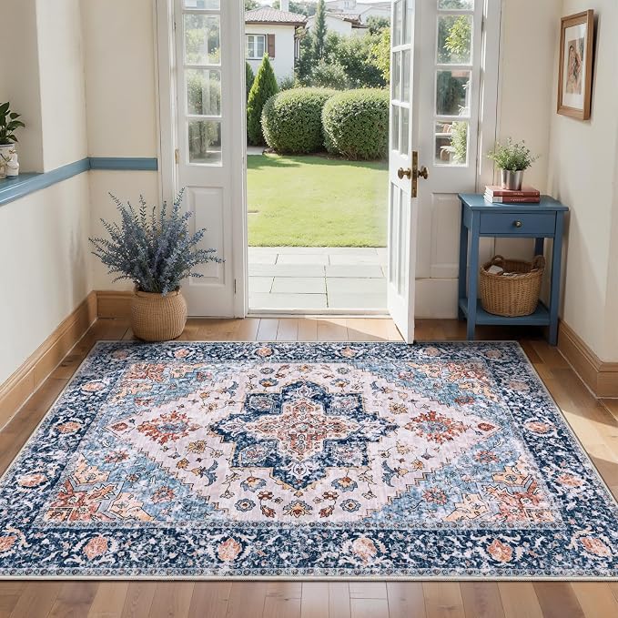 SERISSA Boho Area Rugs for Entryway, 3x4 Washable Non-Slip Kitchen Rug, Ultra Soft Print Distressed Blue Orange Rug Low-Pile Throw Door Mat Indoor Entrance Carpet for Bedroom Living Room Dorm Decor