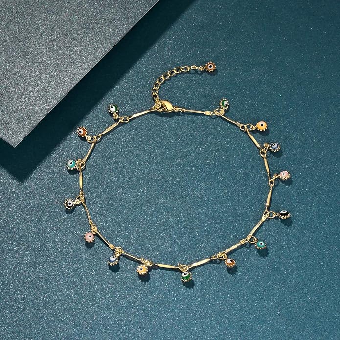 LOYATA Dainty Ankle Bracelet,14K Gold Plated Tiny Bead Anklet Dainty White Cubic Zirconia Cross Tassel Foot Chain Cute Lucky Moon Evil Eye Foot Jewelry Boho Anklets for Women