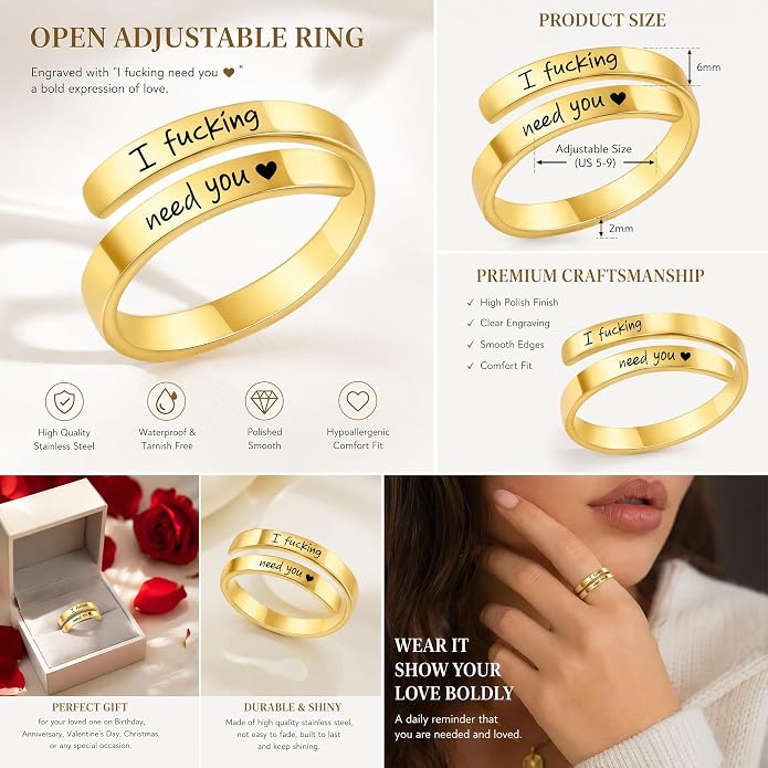I Fcking Love You Ring, Stainless Steel Engraved Inspirational Words Heart Open Adults Women Vintage Promise Rings Lover Wife Jewelry