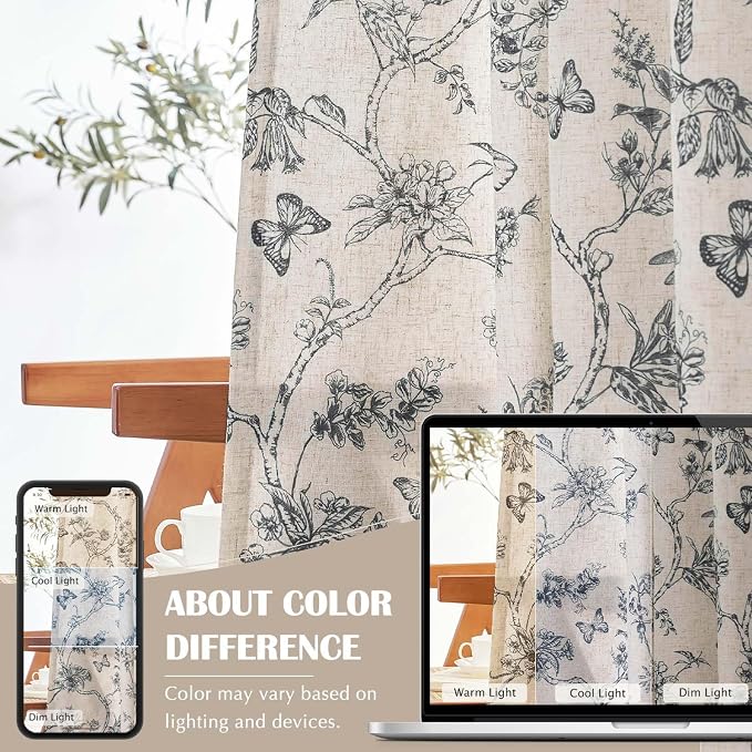 jinchan Black Floral Linen Curtains Lined 84 Inch Vintage Back Tab 2 Panels | Privacy lining, light filtering drapes, cottagecore, french country, farmhouse, bedroom, living room, window treatment