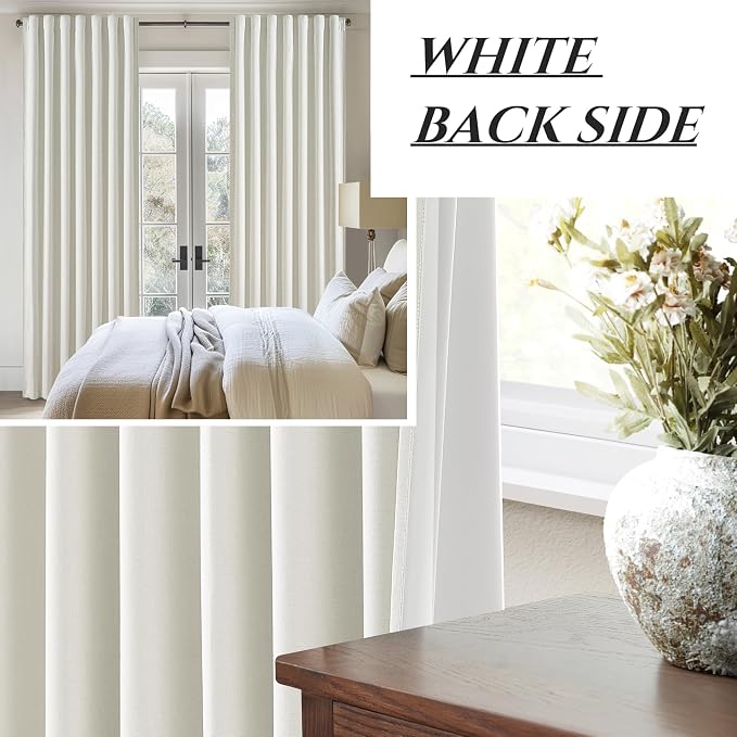 QJmydeco Beige White Cute Blackout Curtains 84 Inches Long 2 Pack, Insulated Sliding Door Curtain UV Heat Blocking Drapes for Living Room/Bedroom Faux Linen Ceiling Pins Hooks&Back Tab(W50 x L84)