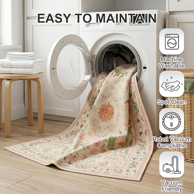 2'x3' Boho Small Area Rug, Washable Non-Slip Silicone Backing Door Mat, 0.26" Low Pile Faux Wool Foldable Rug for Entryway Bathroom Kitchen Indoor Decor, Garden Pink