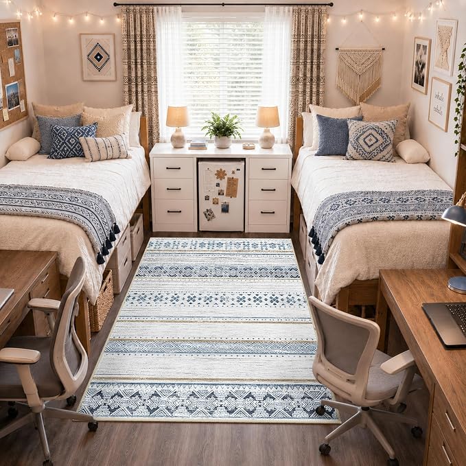 BESTSWEETIE 5x7 Area Rugs for Living Room Washable Moroccan Farmhouse Neutral Geometric Low Pile Non-Slip Soft Print Pattern Rug for Bedroom Kitchen Dining Room Entryway Blue/Brown