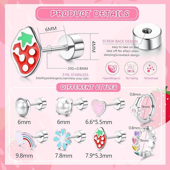Florideco Hypoallergenic Earrings for Women 316 Surgical Steel Earrings for Sensitive Ears Cute Small Daisy Hoop Earring Heart Flower Strawberry Rainbow Flat Back Earring Sets