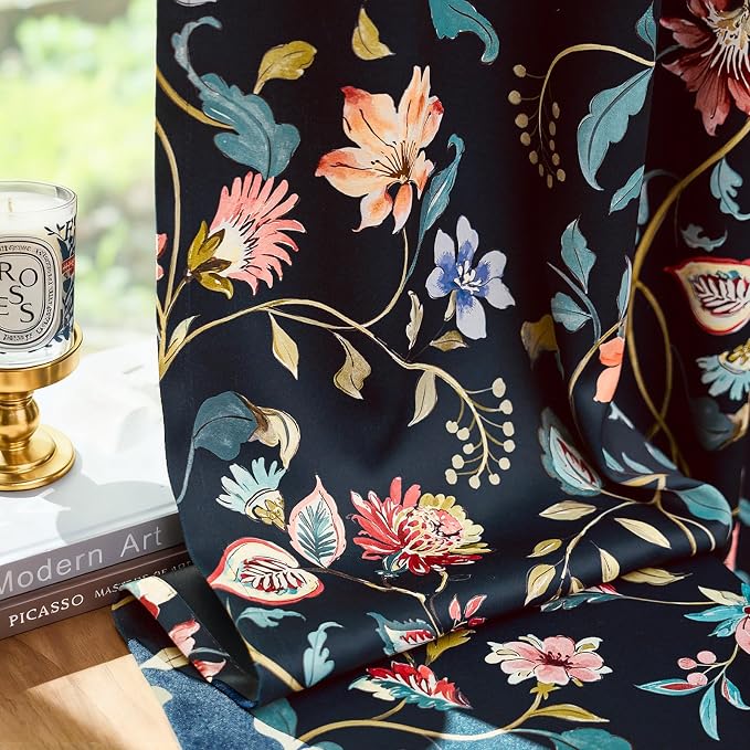 jinchan Dark Blue Floral Blackout Curtains 84 Inch Back Tab 2 Panels | Room darkening, light blocking, elegant vintage drapes, botanical floral print, bedroom, living room, window treatment